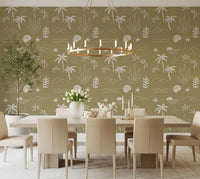 Dining area feels grounded and easy with olive green tropical icon wallpaper., GD9907