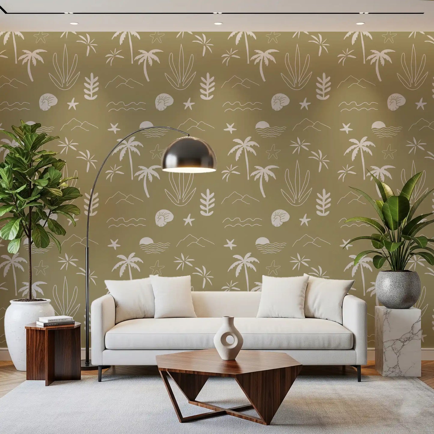 Mountain outlines and shell motifs share the deep olive ground of this wallpaper., GD9907