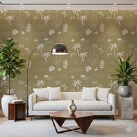 Mountain outlines and shell motifs share the deep olive ground of this wallpaper., GD9907