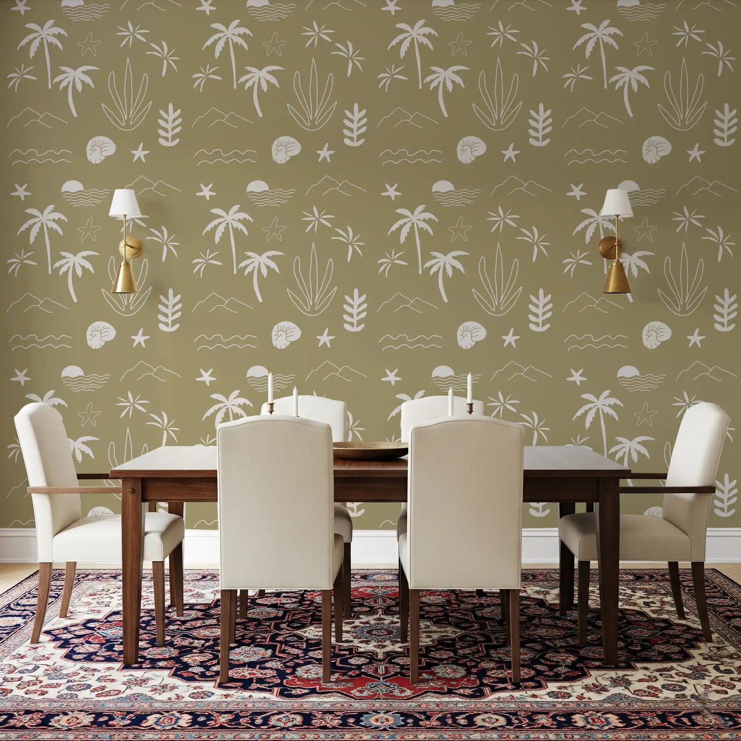 A nautilus shell anchors the lower half of the olive tropical icon wallpaper., GD9907