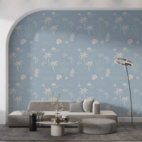 Cream-toned mountains, waves, and shells rest calmly on this tropical icon wallpaper., GD9908