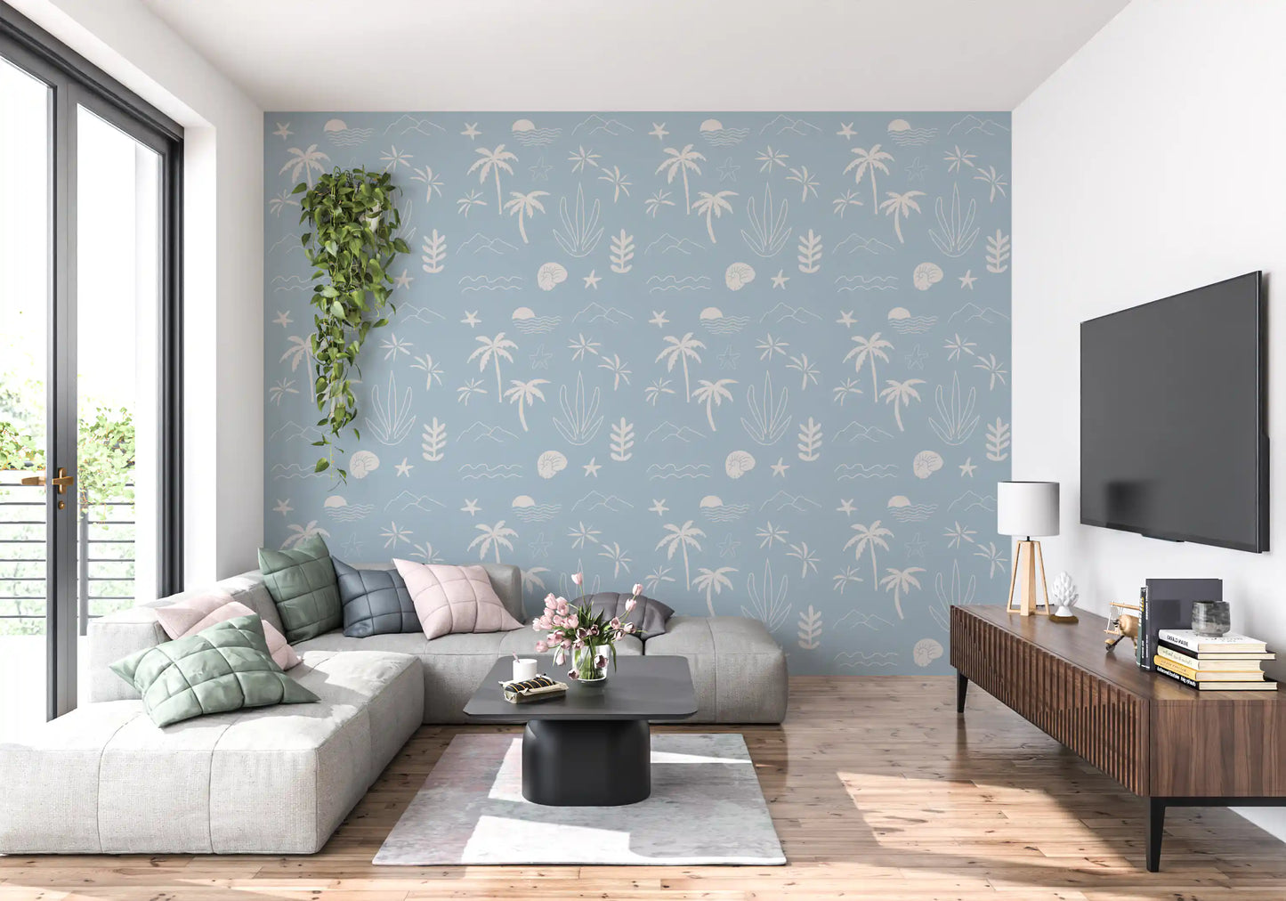 Sketched palms wander through a hallway with soft blue tropical wallpaper, GD9908