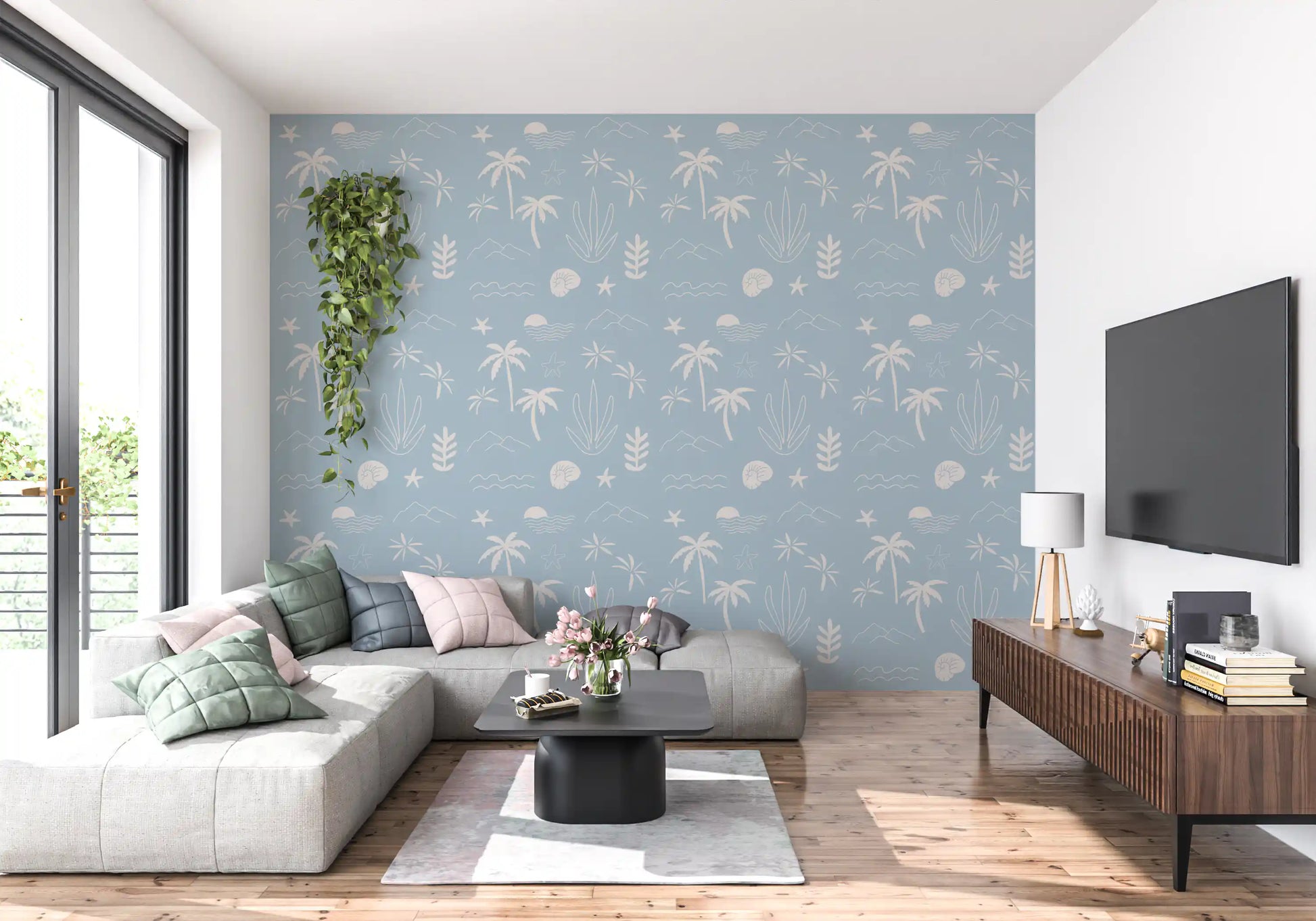 Sketched palms wander through a hallway with soft blue tropical wallpaper, GD9908