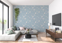 Sketched palms wander through a hallway with soft blue tropical wallpaper, GD9908