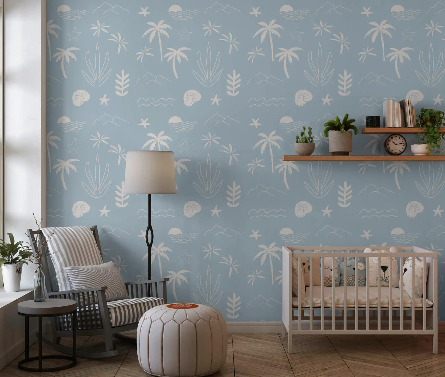 Sun rays, palms, and a curling nautilus mix in cream on this boho coastal wallpaper., GD9908