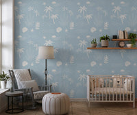 Sun rays, palms, and a curling nautilus mix in cream on this boho coastal wallpaper., GD9908