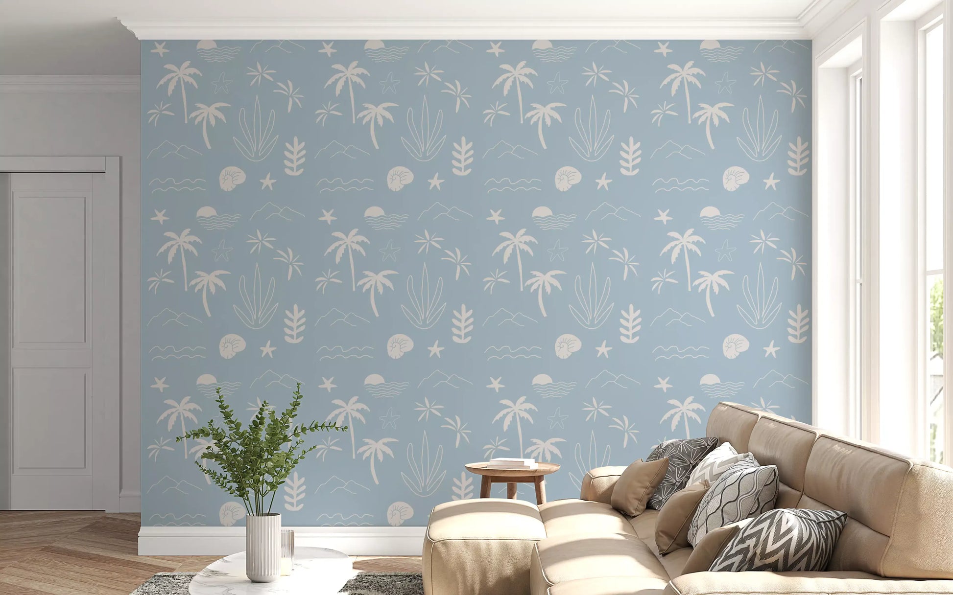 Hand-drawn palm trees and starfish scatter across soft blue boho coastal wallpaper., GD9908