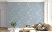 Hand-drawn palm trees and starfish scatter across soft blue boho coastal wallpaper., GD9908