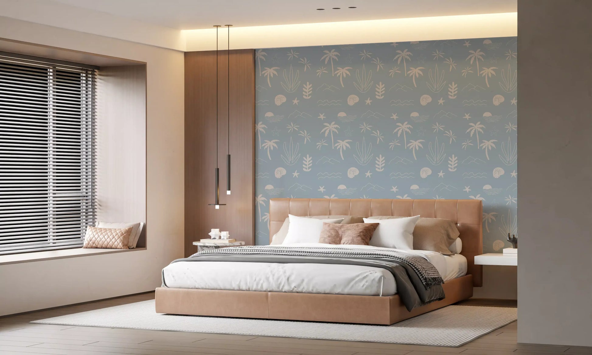 Soft blue tropical wallpaper with Gentle palm and starfish motifs for bedroom., GD9908