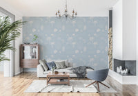 Pale fronds and fern stems share a dusty blue ground in this boho coastal wallpaper., GD9908