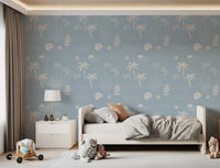 Soft blue tropical icon wallpaper brings a relaxed coastal feel into kids bedroom, GD9908