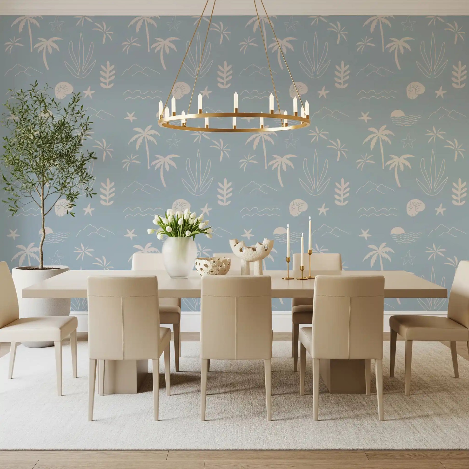 Sketchy seaside motifs feel relaxed across the soft blue tropical icon wallpaper., GD9908