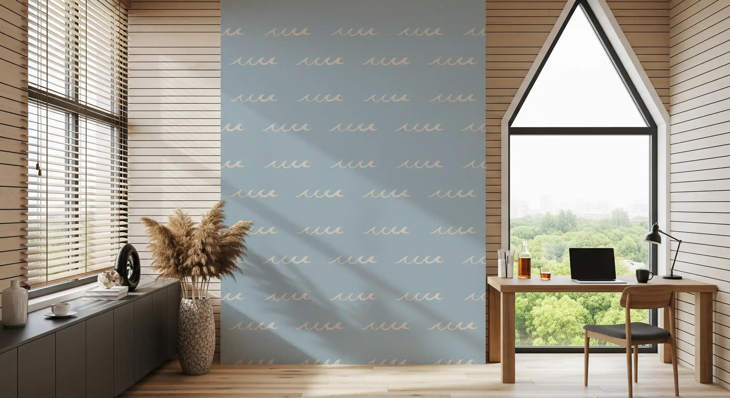 Repeat rhythm of free-flowing waves across Soft Blue Wave wallpaper.
