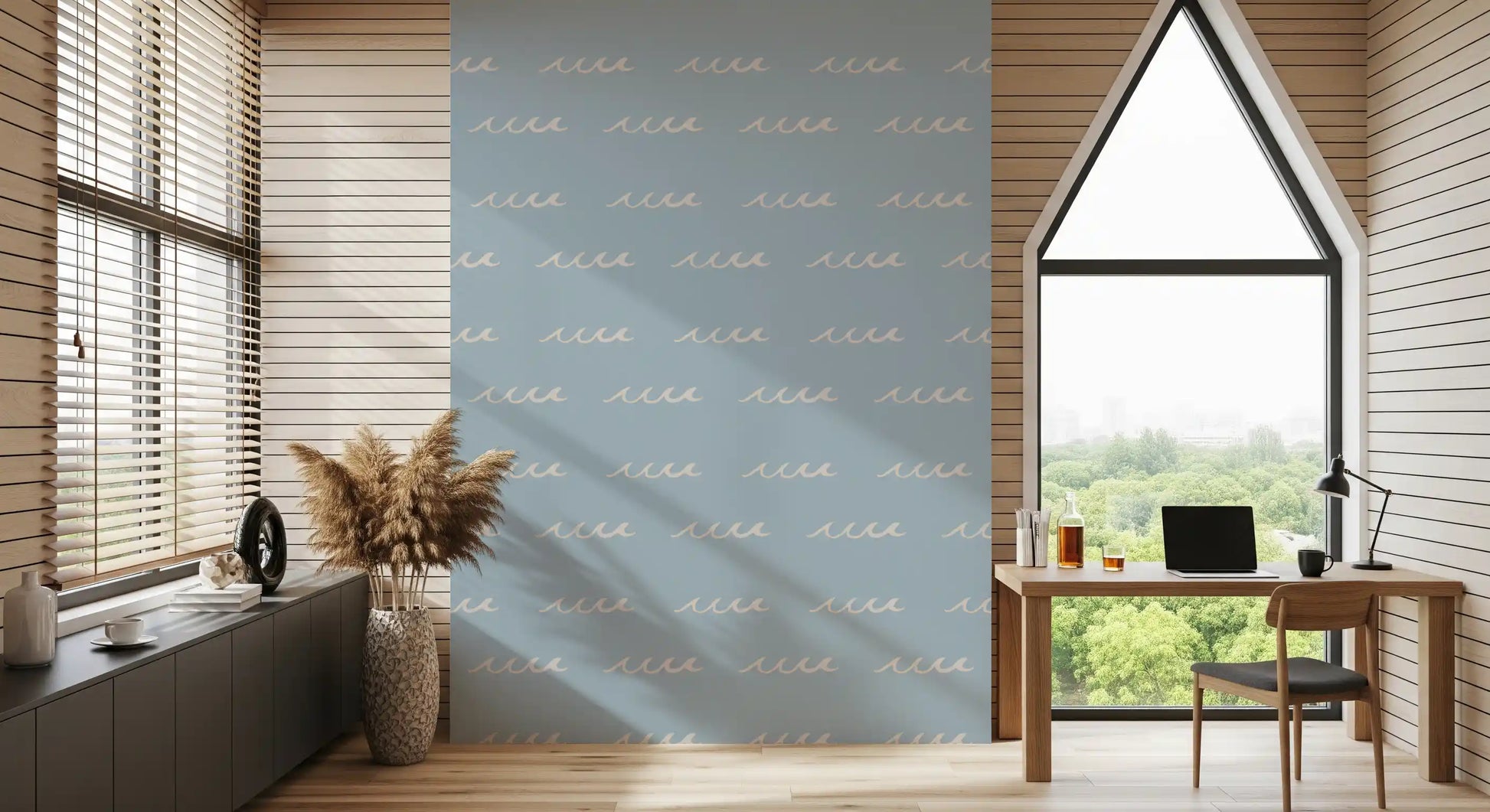 Repeat rhythm of free-flowing waves across Soft Blue Wave wallpaper.
