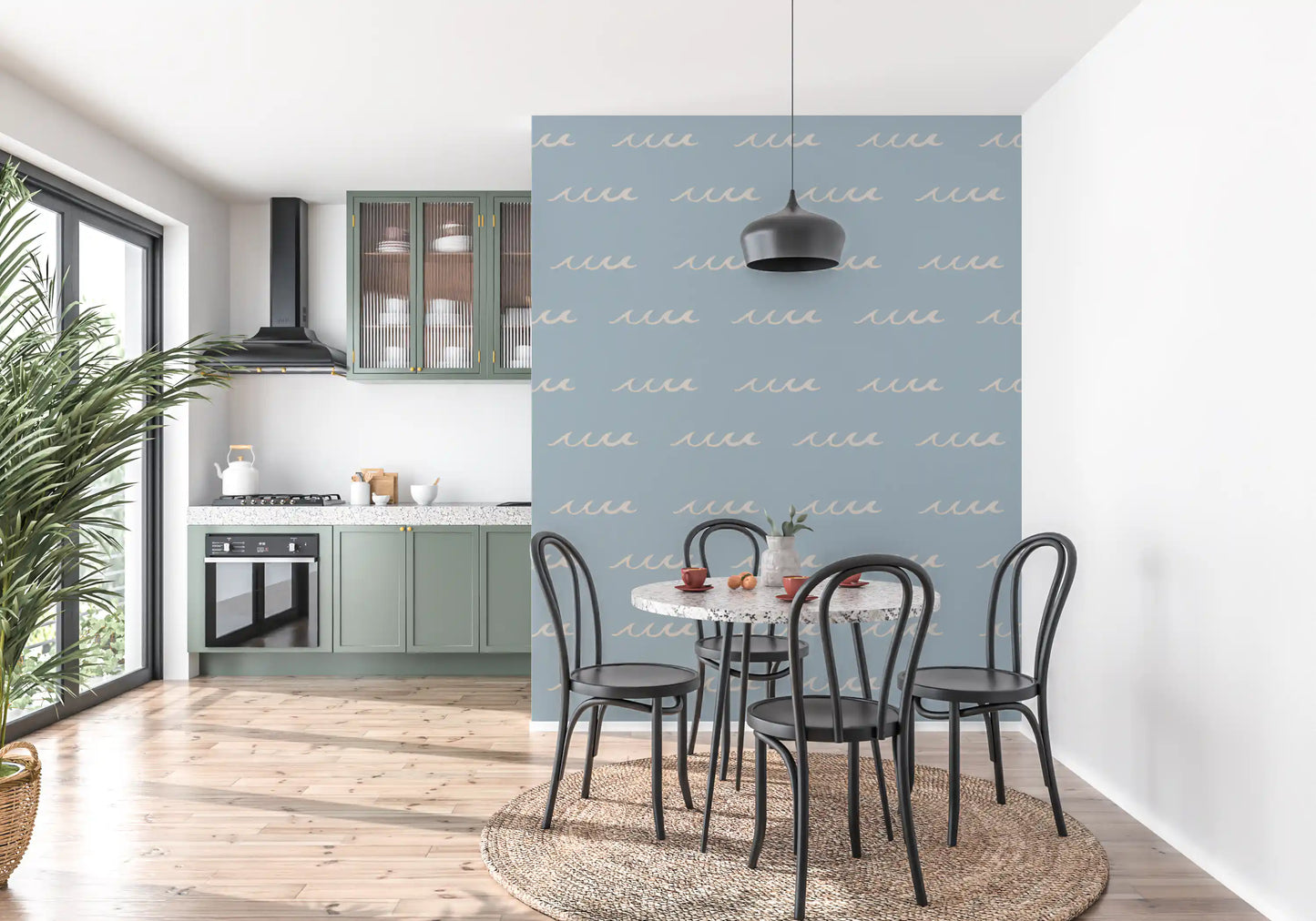 Closer look at the cream stroke detail on Soft Blue Boho Coastal wave wallpaper.
