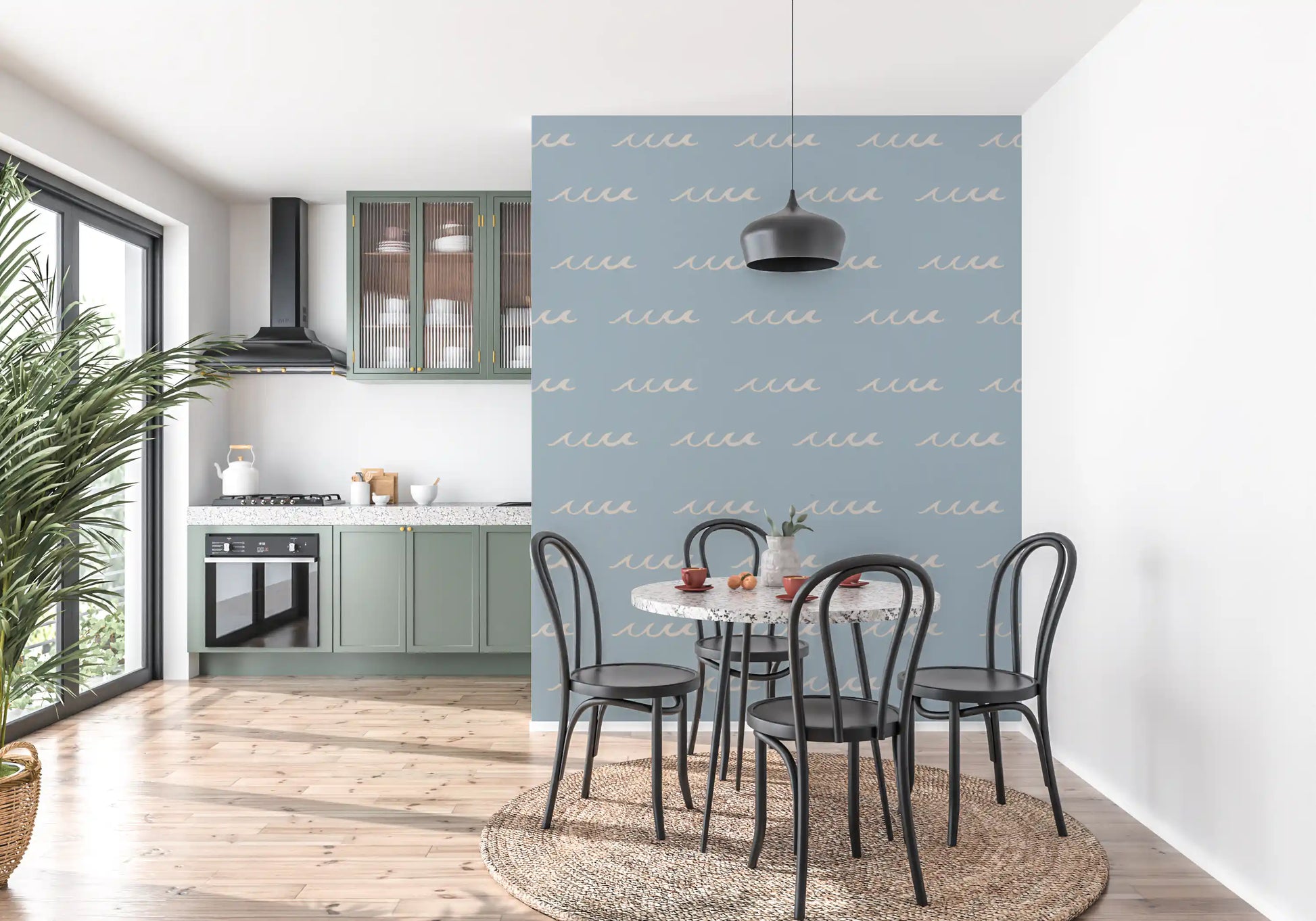 Closer look at the cream stroke detail on Soft Blue Boho Coastal wave wallpaper.

