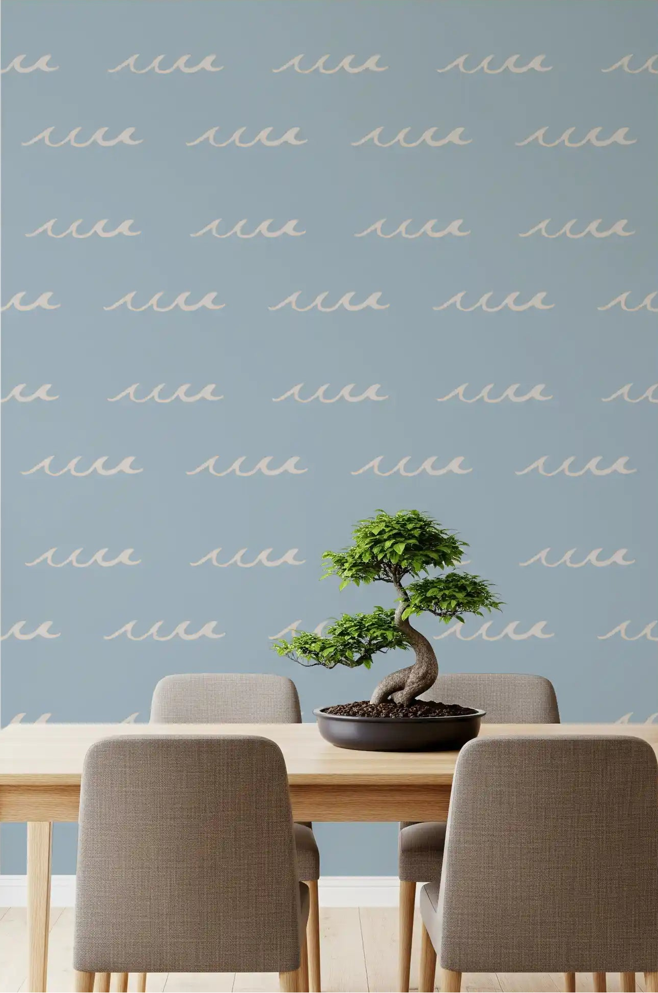 Soft dusty blue tones settle into a dining room with boho coastal wave wallpaper, GD9909