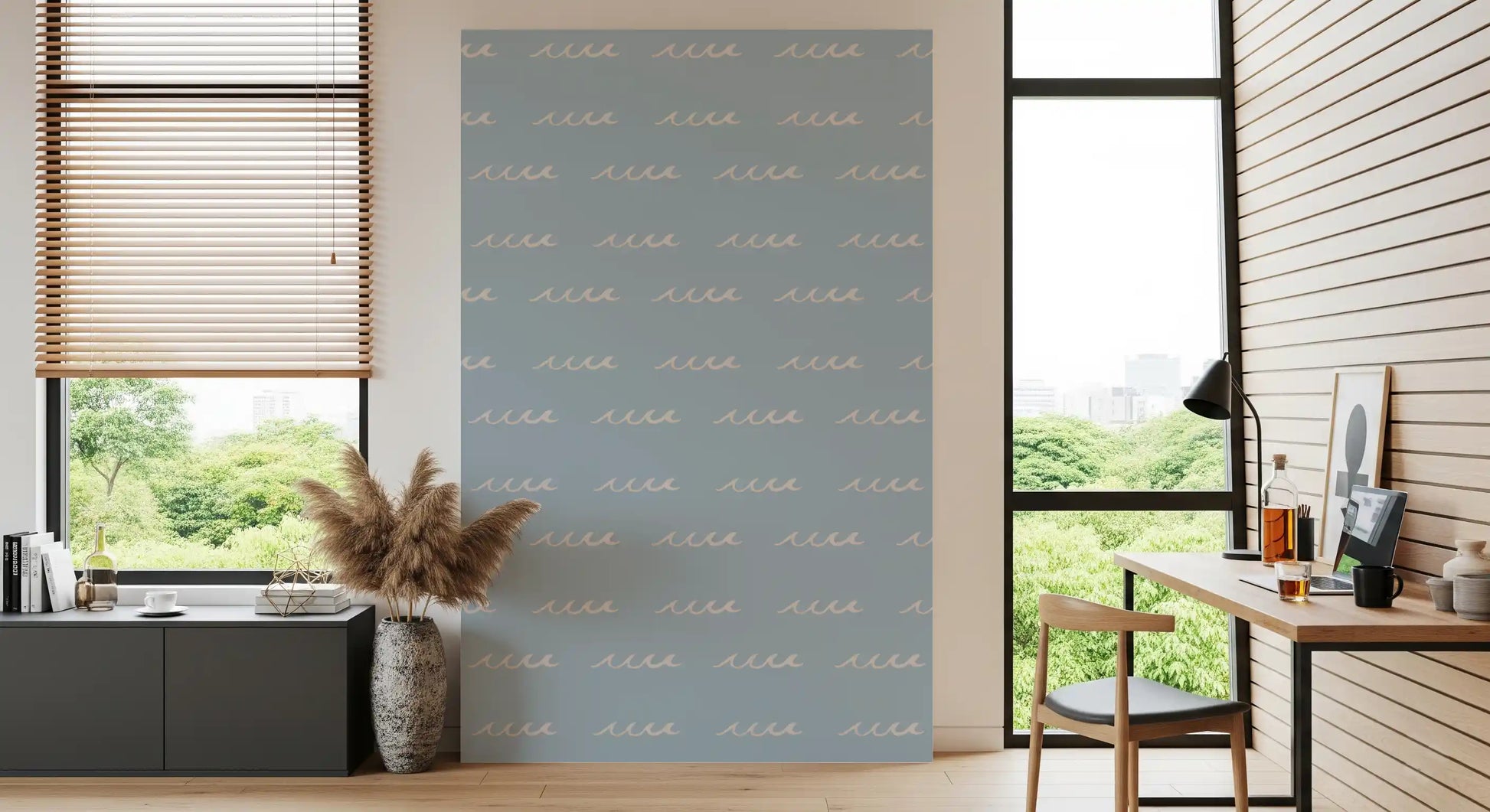 Study wall reads quiet and breezy with Soft Blue Boho Coastal wave wallpaper.