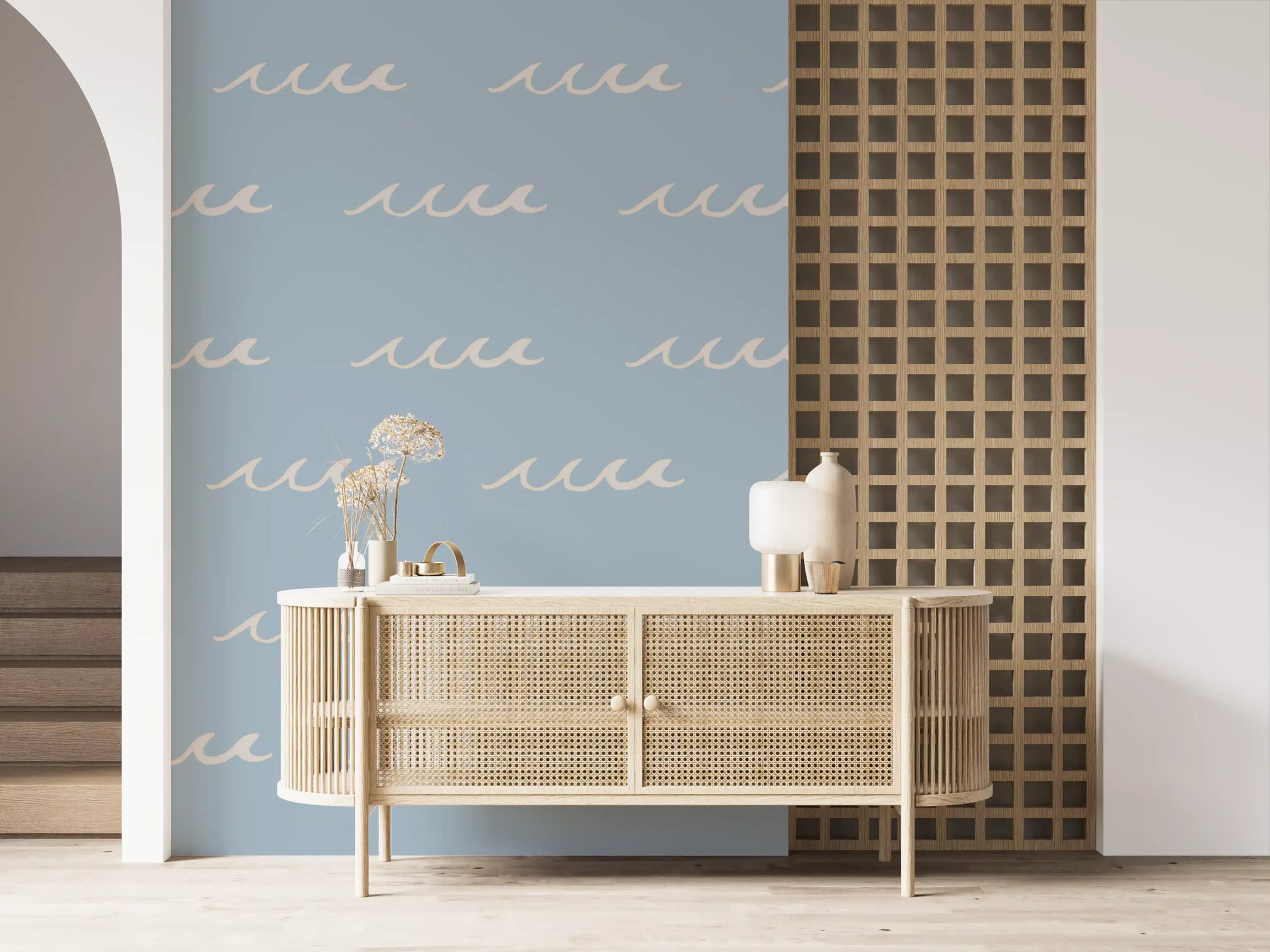 Hallway wall carries the Soft Blue Wave Boho Coastal wallpaper in calm cream strokes
