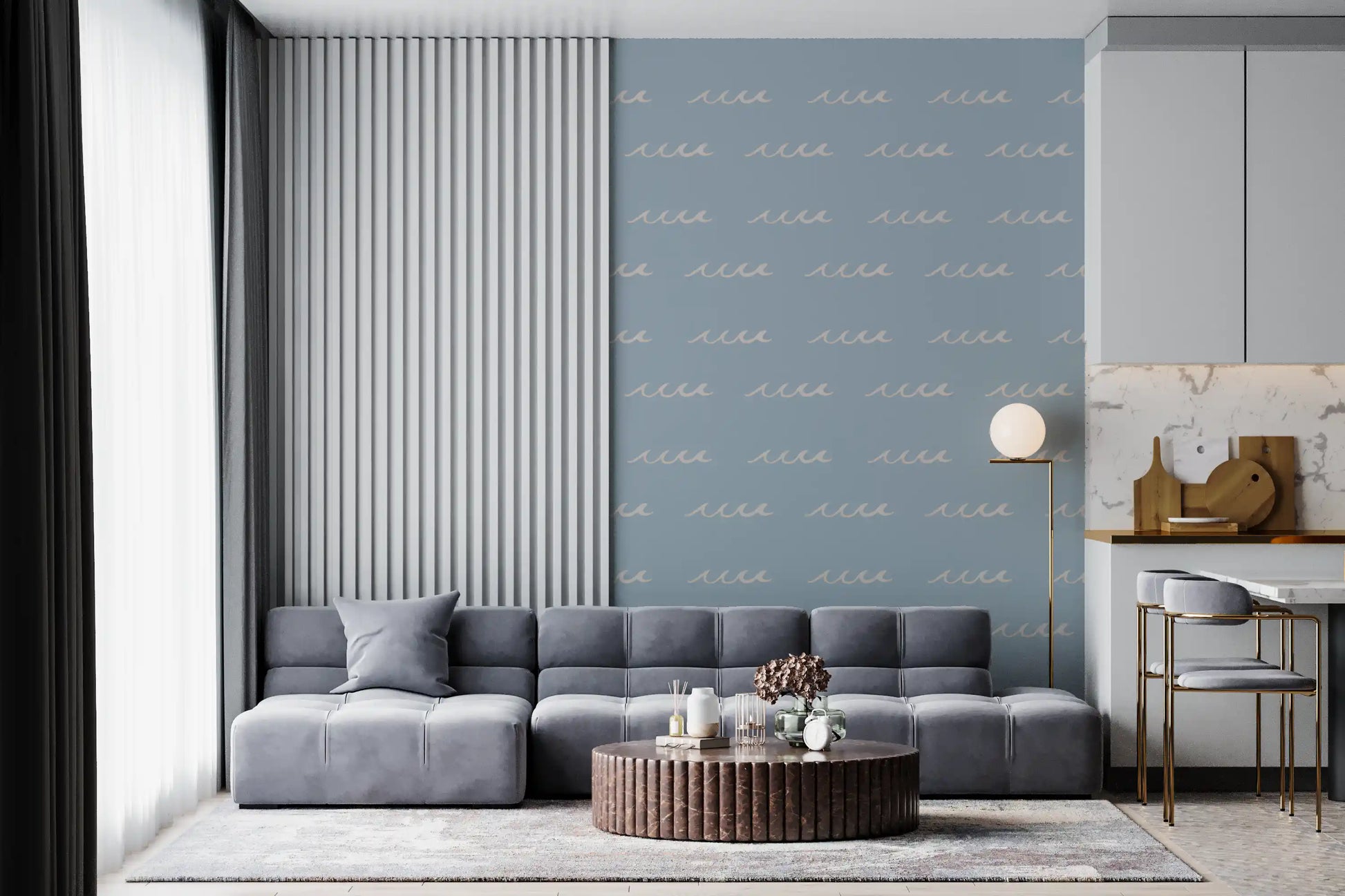 Pattern view of Soft Blue Wave Boho Coastal wallpaper showing relaxed brushstrokes
