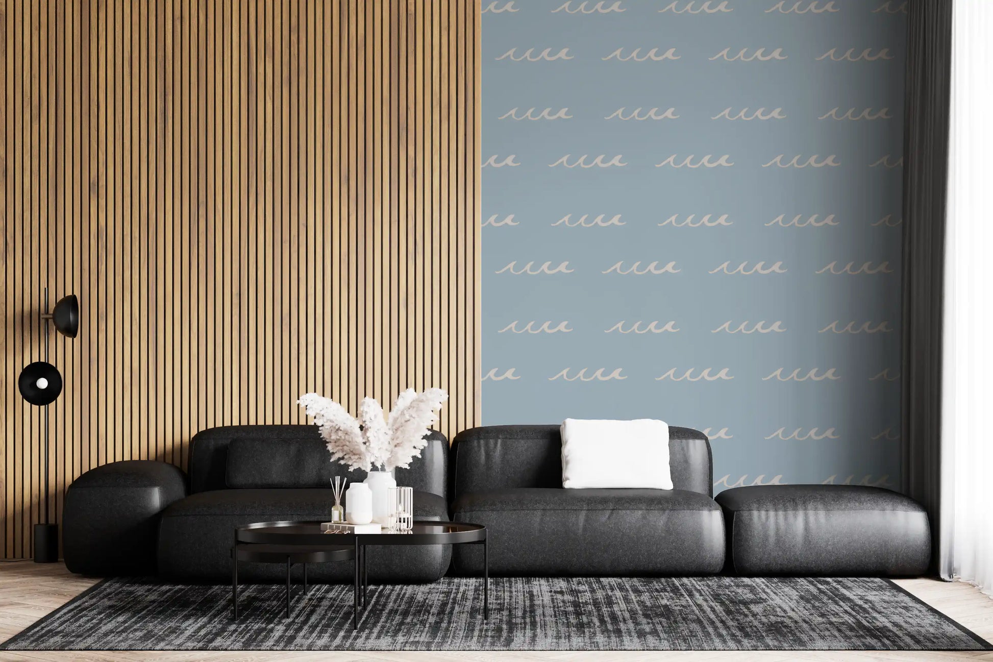 Cream-white waves layered over a dusty blue base in this boho coastal wallpaper.
