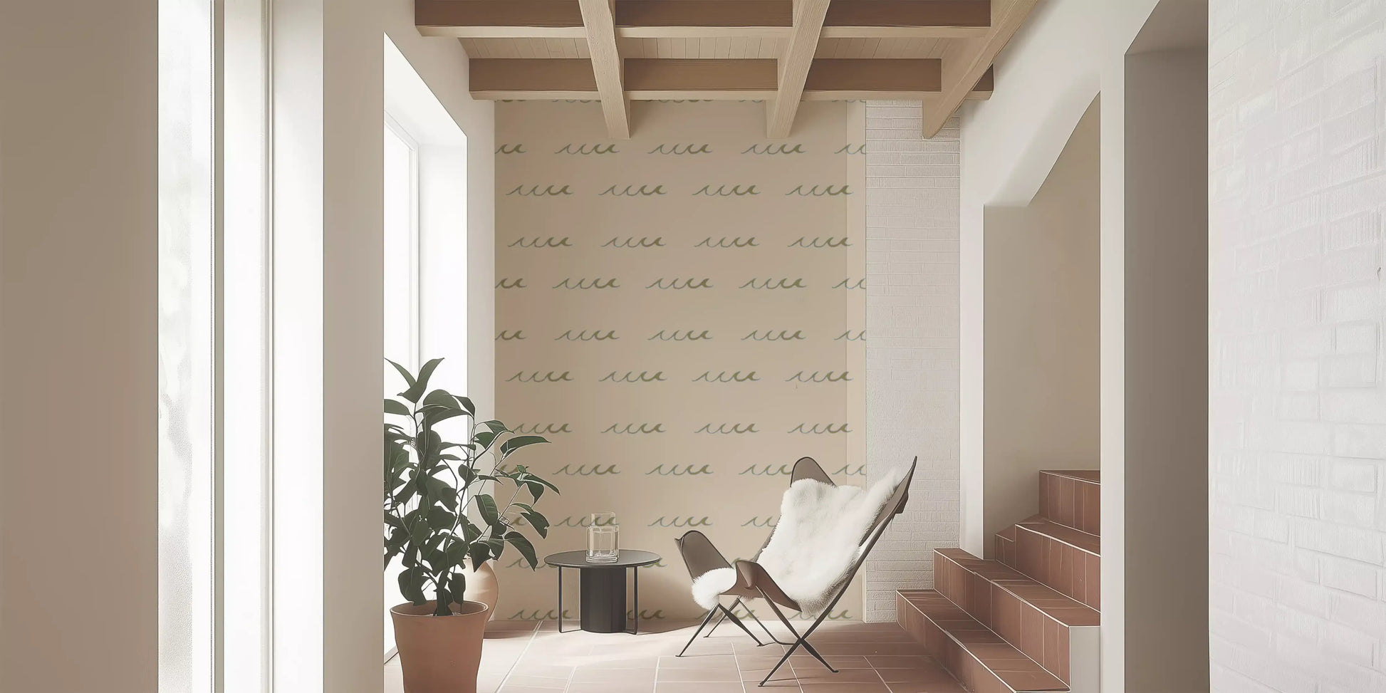 Muted gold and smoky blue waves wrap in Sand Wave Boho Coastal wallpaper., GD9910