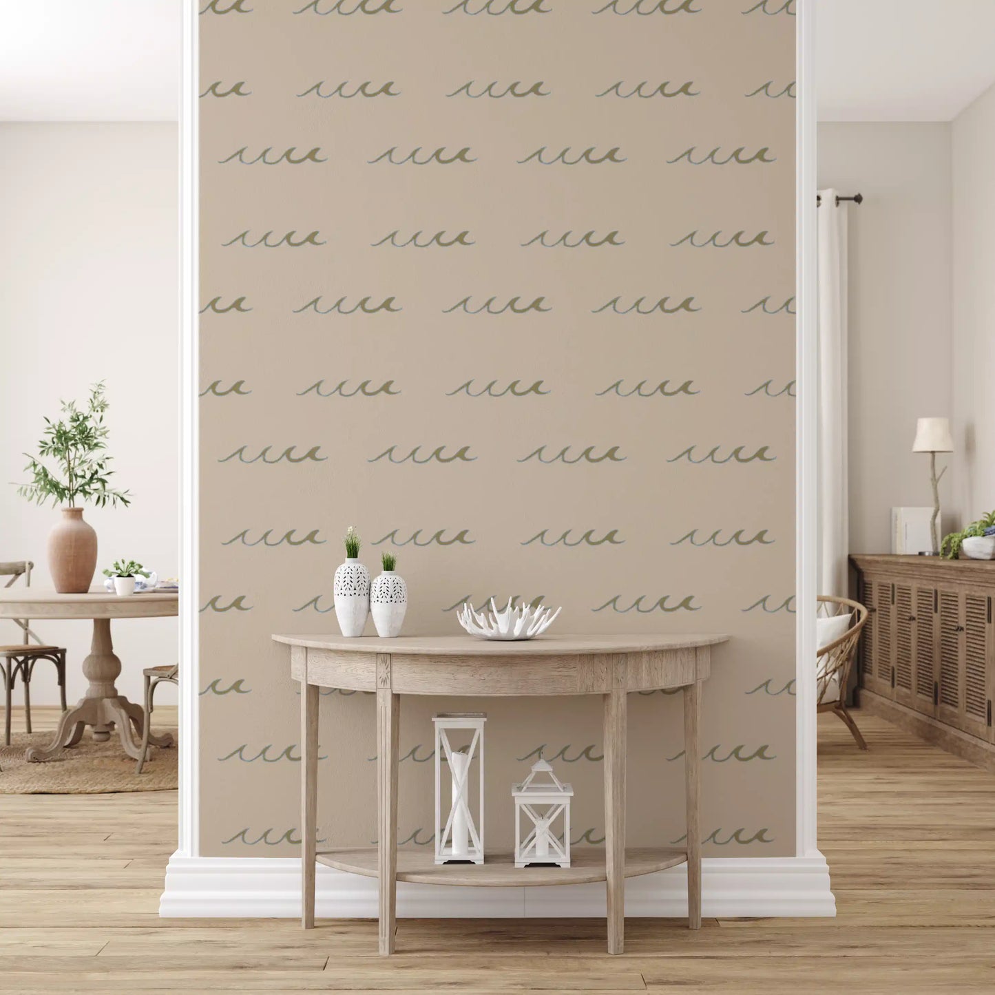 Open background and slow wave rhythm fill a hallway with boho coastal wallpaper., GD9910