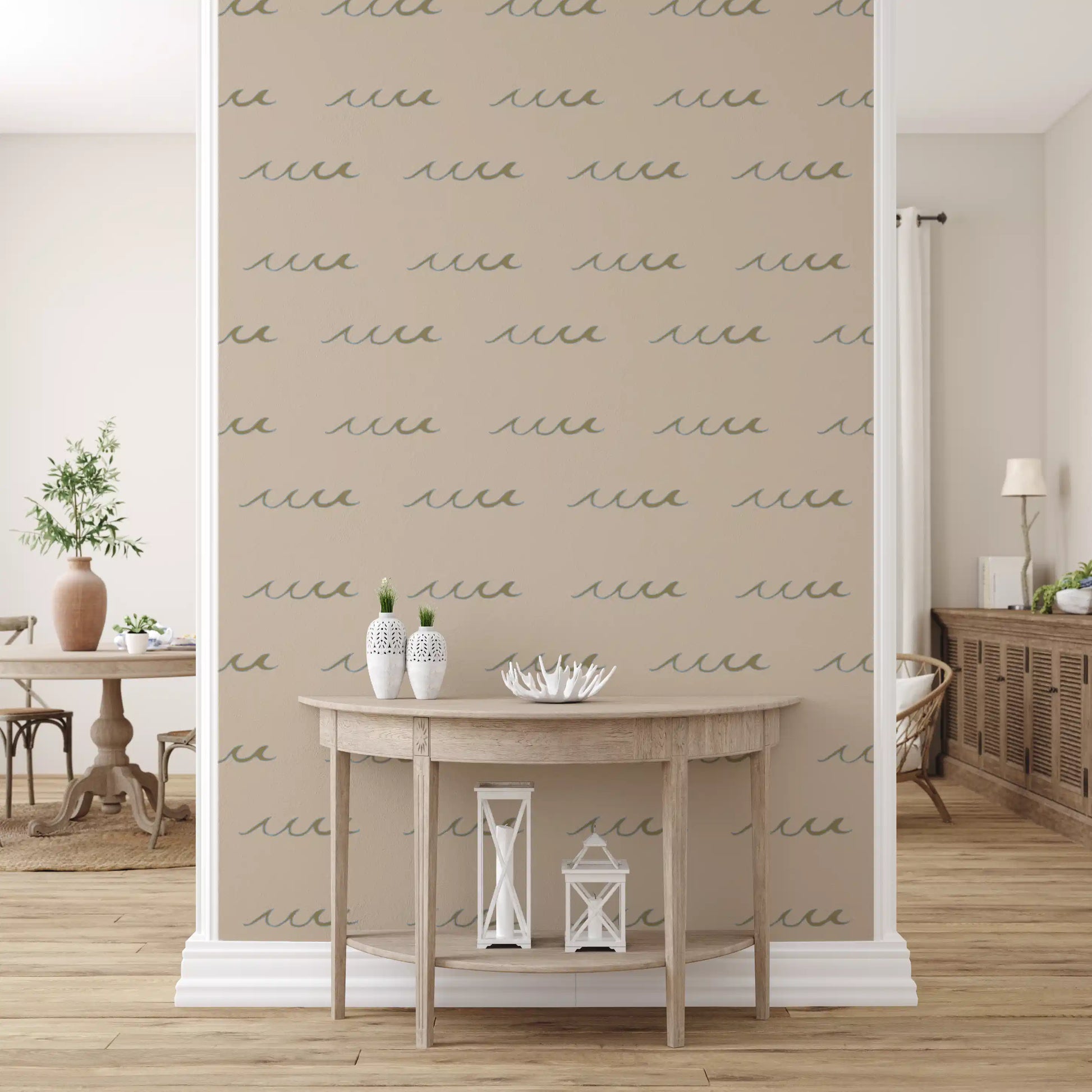 Open background and slow wave rhythm fill a hallway with boho coastal wallpaper., GD9910