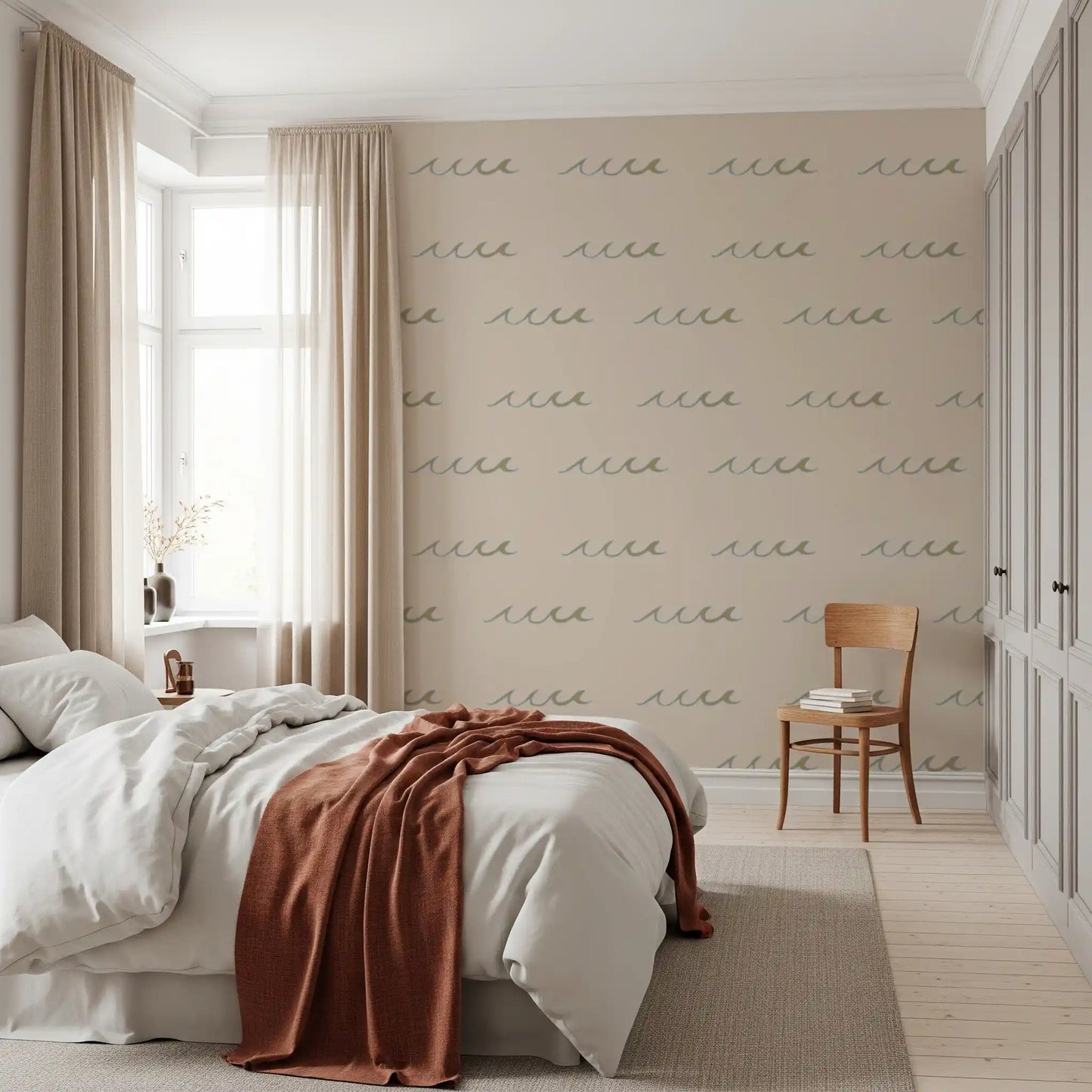 Calm bedroom mood with Sand Wave Boho Coastal wallpaper in beige and soft gold., GD9910