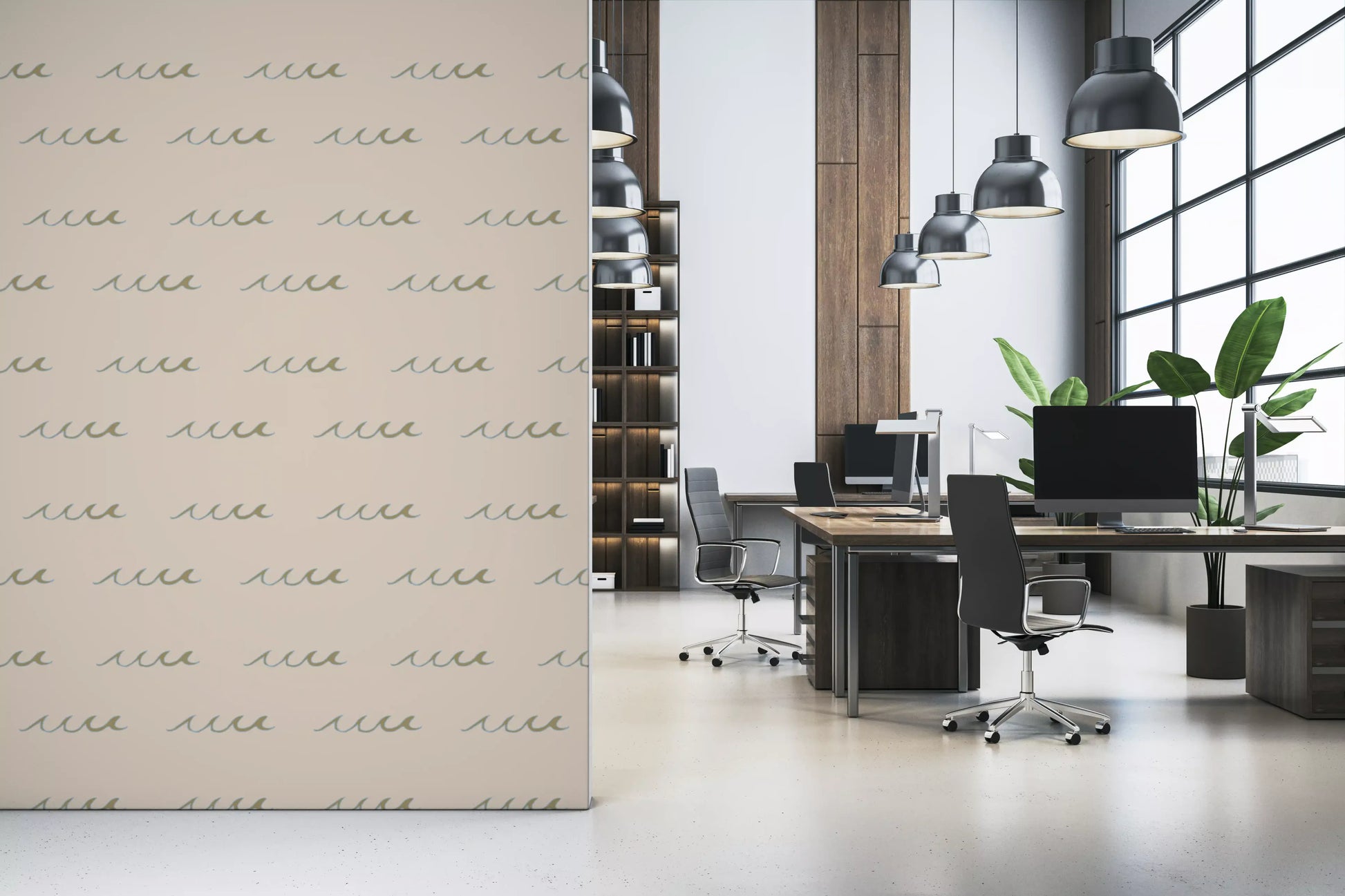 Loose wave strokes drift across a office wall as the boho coastal wallpaper., GD9910