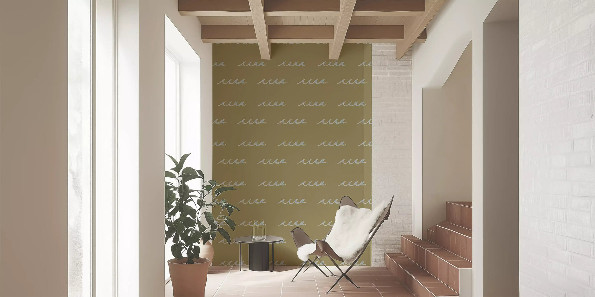 Olive green wave boho coastal wallpaper keeps its rhythm uneven and easy