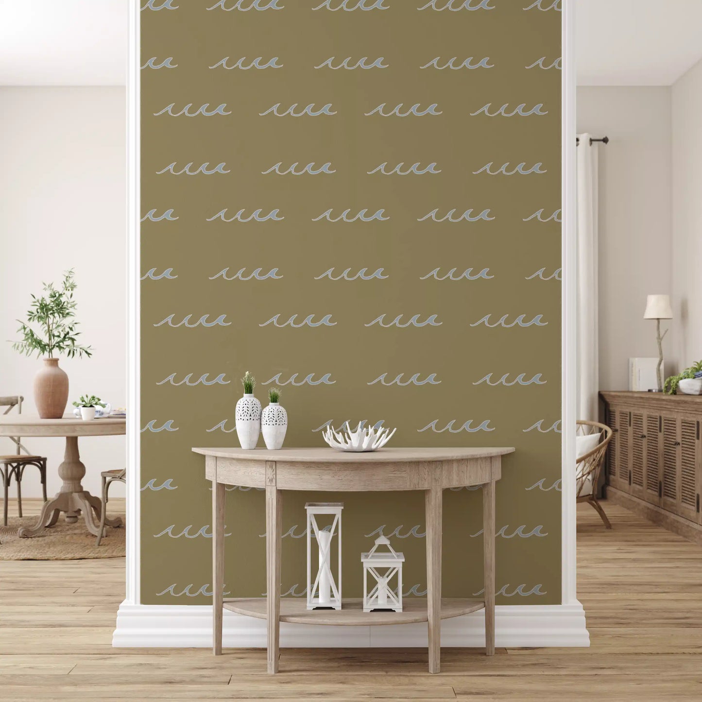 Warm olive ground holds sketchy waves in this boho coastal wallpaper.