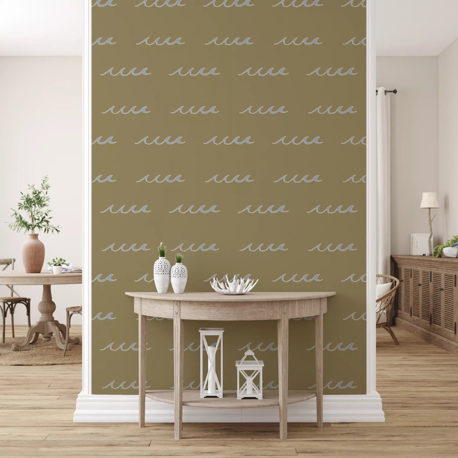Warm olive ground holds sketchy waves in this boho coastal wallpaper.