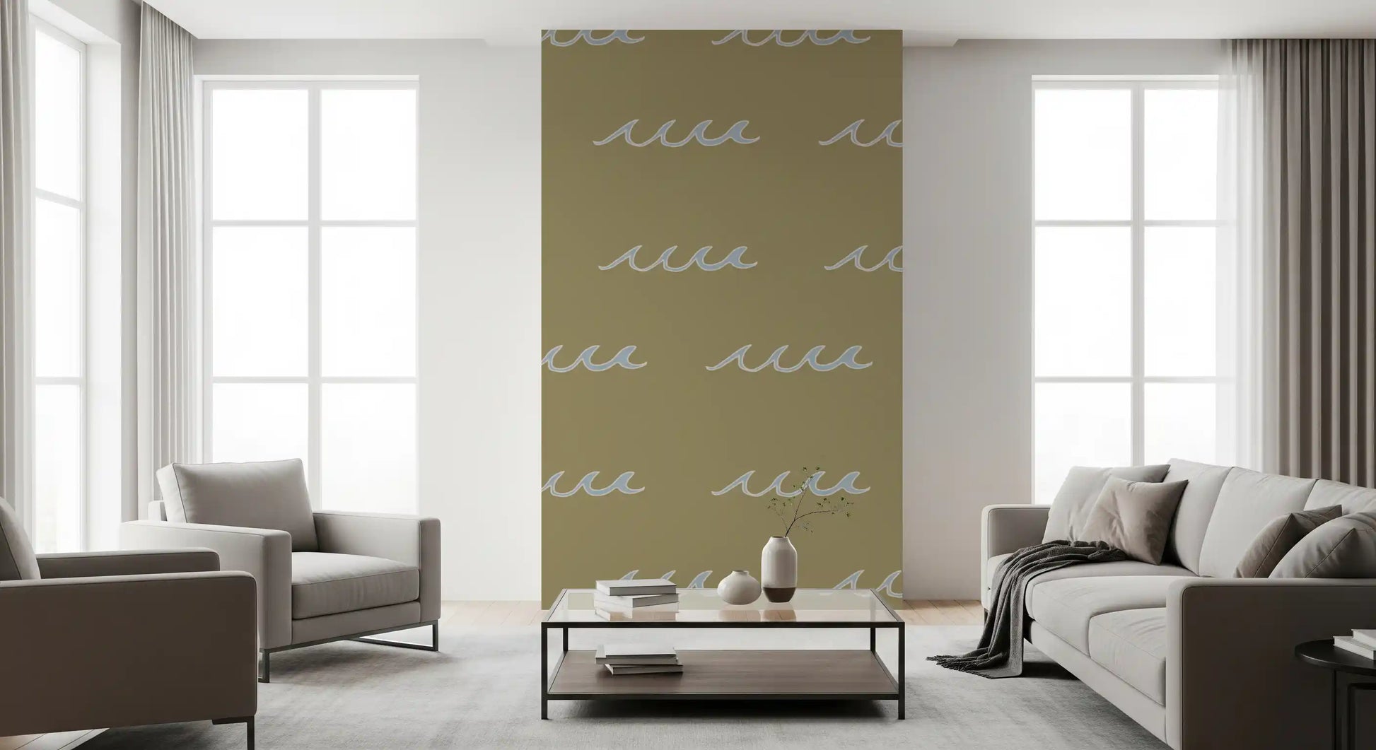 Living room wall carries soft waves through this olive green coastal wallpaper.
