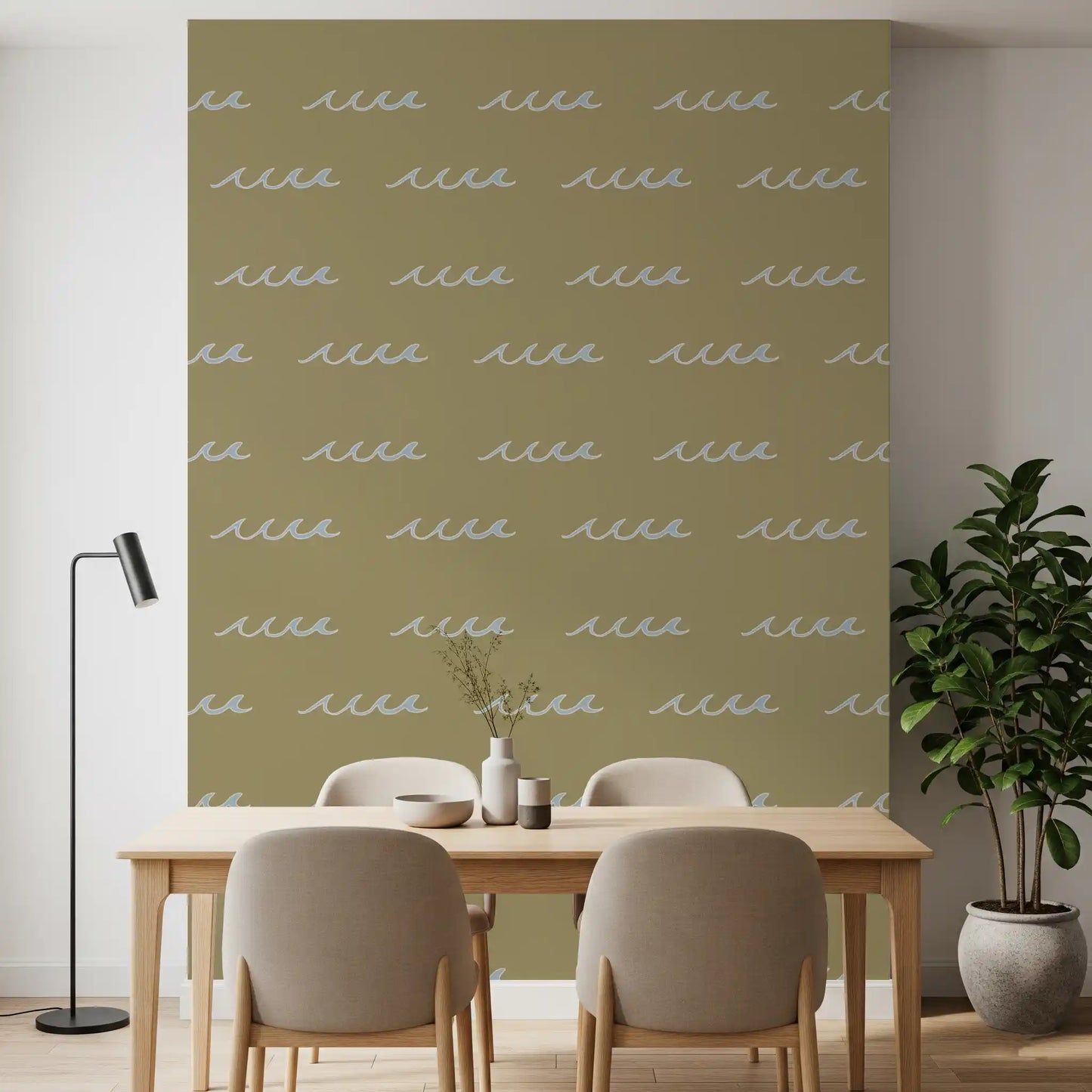 Pale blue waves drift across olive green wave boho coastal wallpaper.