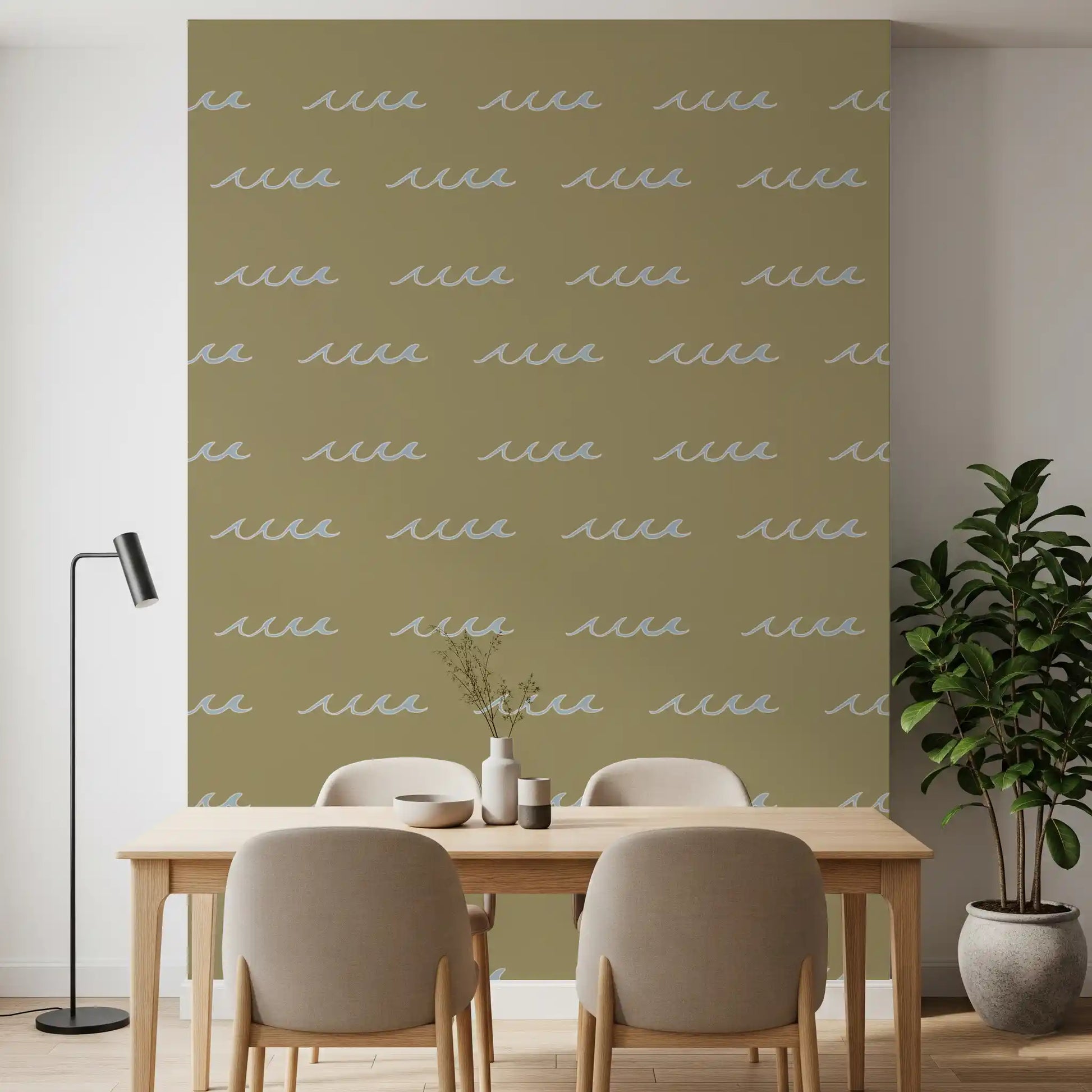 Pale blue waves drift across olive green wave boho coastal wallpaper.