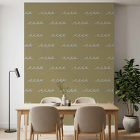 Pale blue waves drift across olive green wave boho coastal wallpaper.