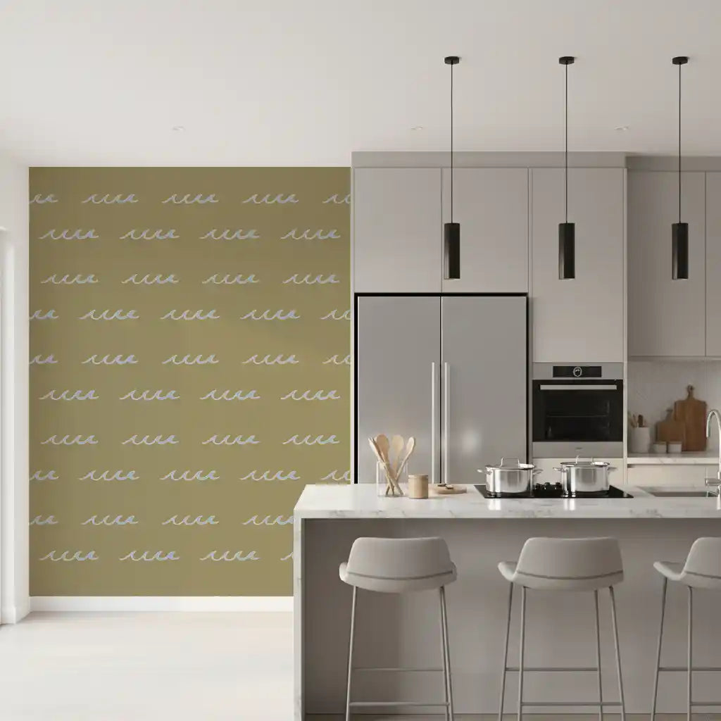 Kitchen edge softens with the olive green wave boho wallpaper.

