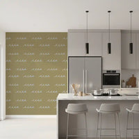 Kitchen edge softens with the olive green wave boho wallpaper.

