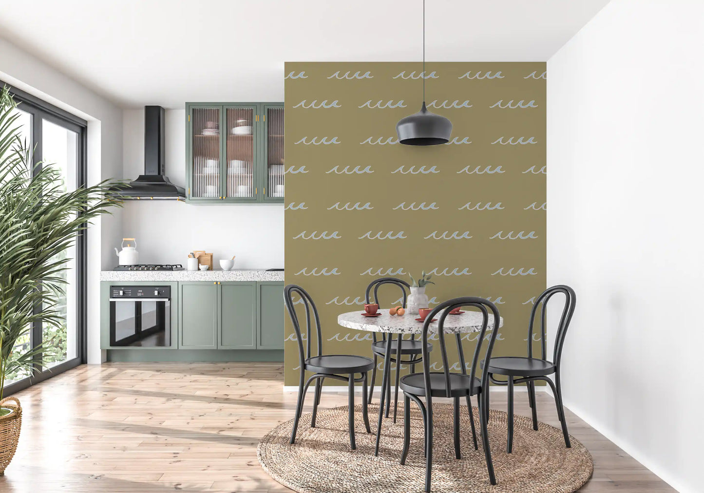Dining room feels playful behind this olive wave boho coastal wallpaper.

