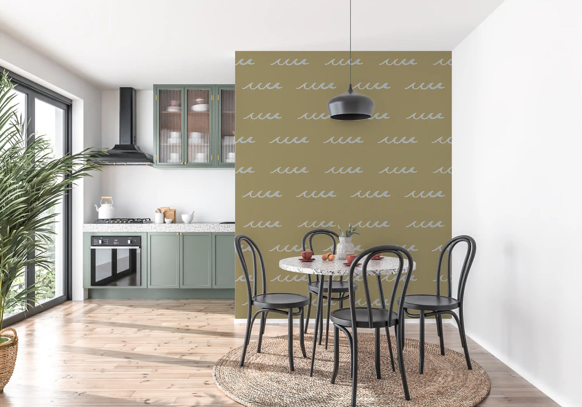 Dining room feels playful behind this olive wave boho coastal wallpaper.

