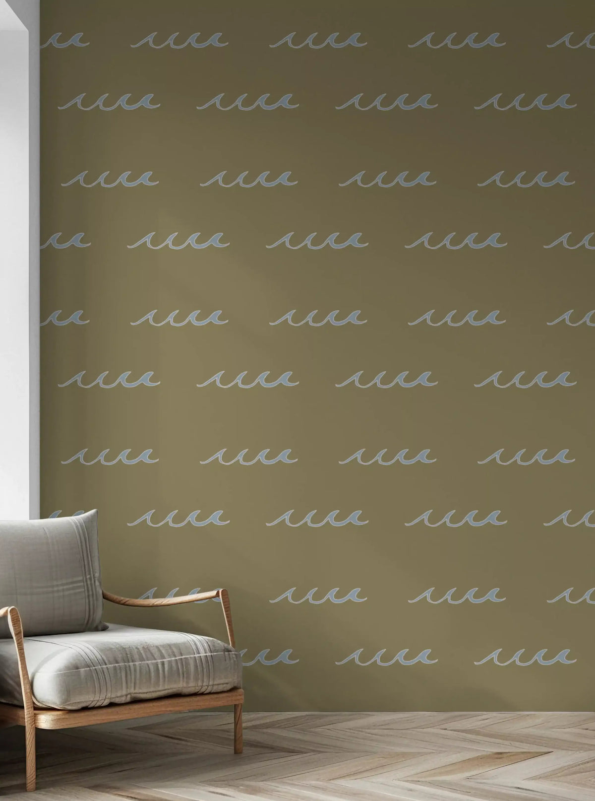 Hallway gains slow movement from olive green coastal wave wallpaper., GD9911