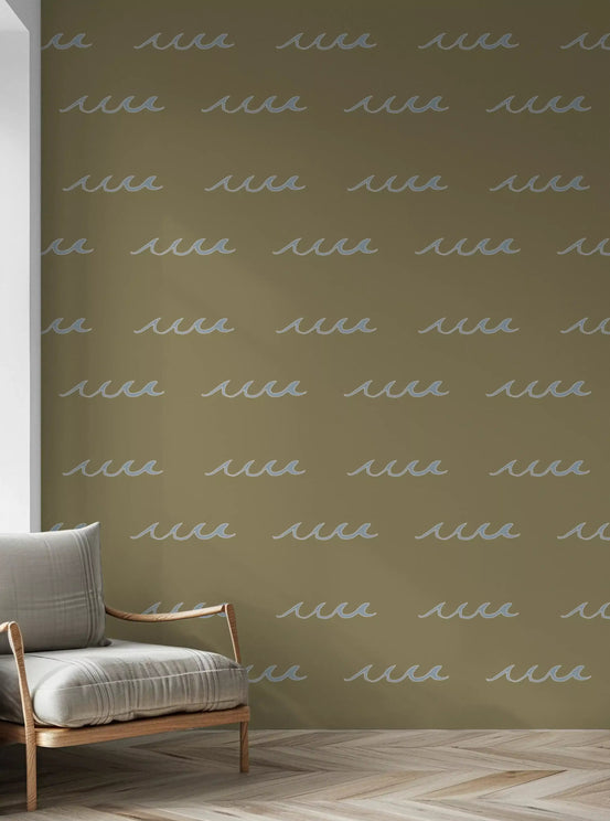 Hallway gains slow movement from olive green coastal wave wallpaper., GD9911