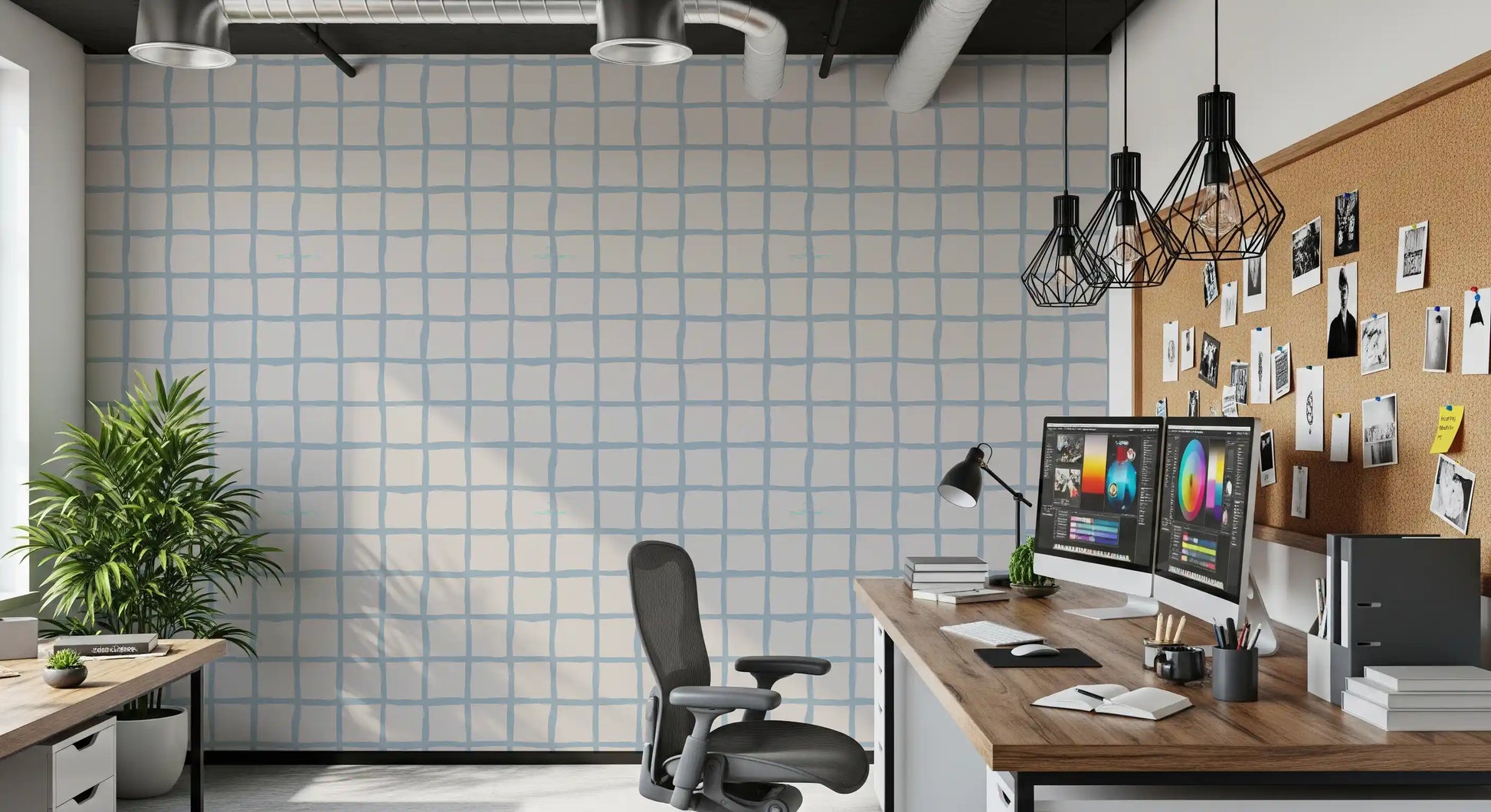 A study room setting leans airy with this olive green grid coastal wallpaper., GD9912