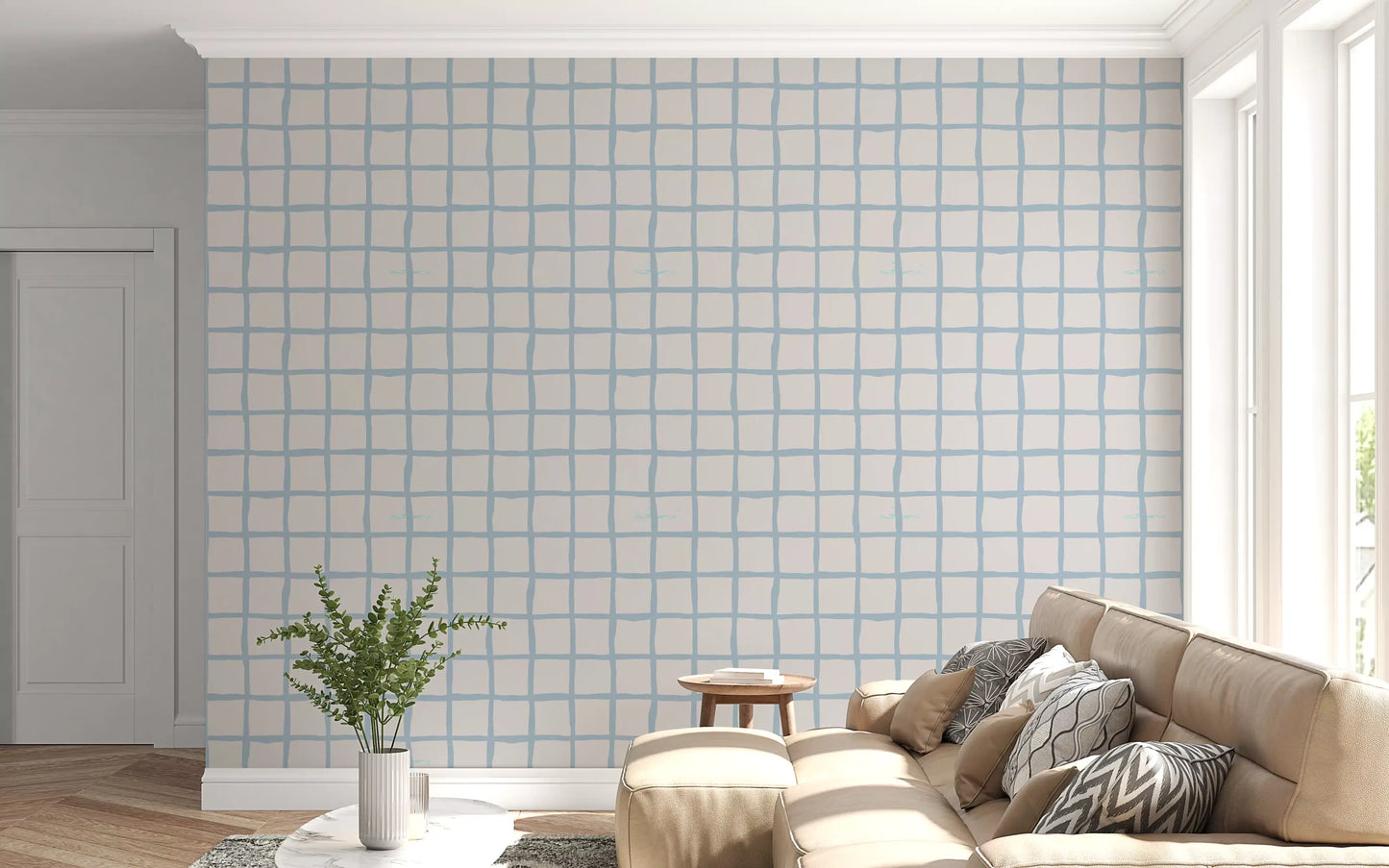 Living area takes on coastal ease with olive green boho grid wallpaper., GD9912