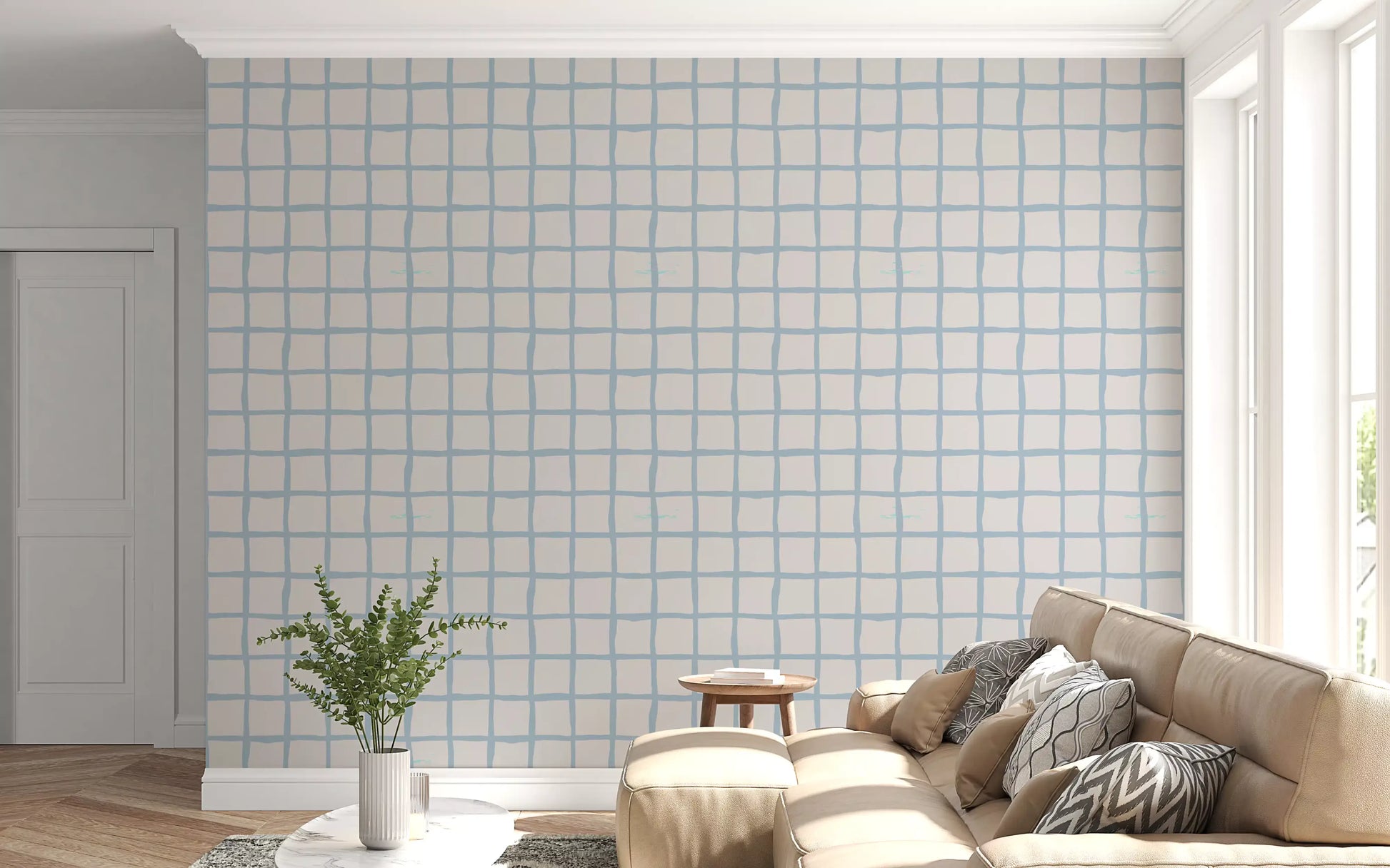 Living area takes on coastal ease with olive green boho grid wallpaper., GD9912