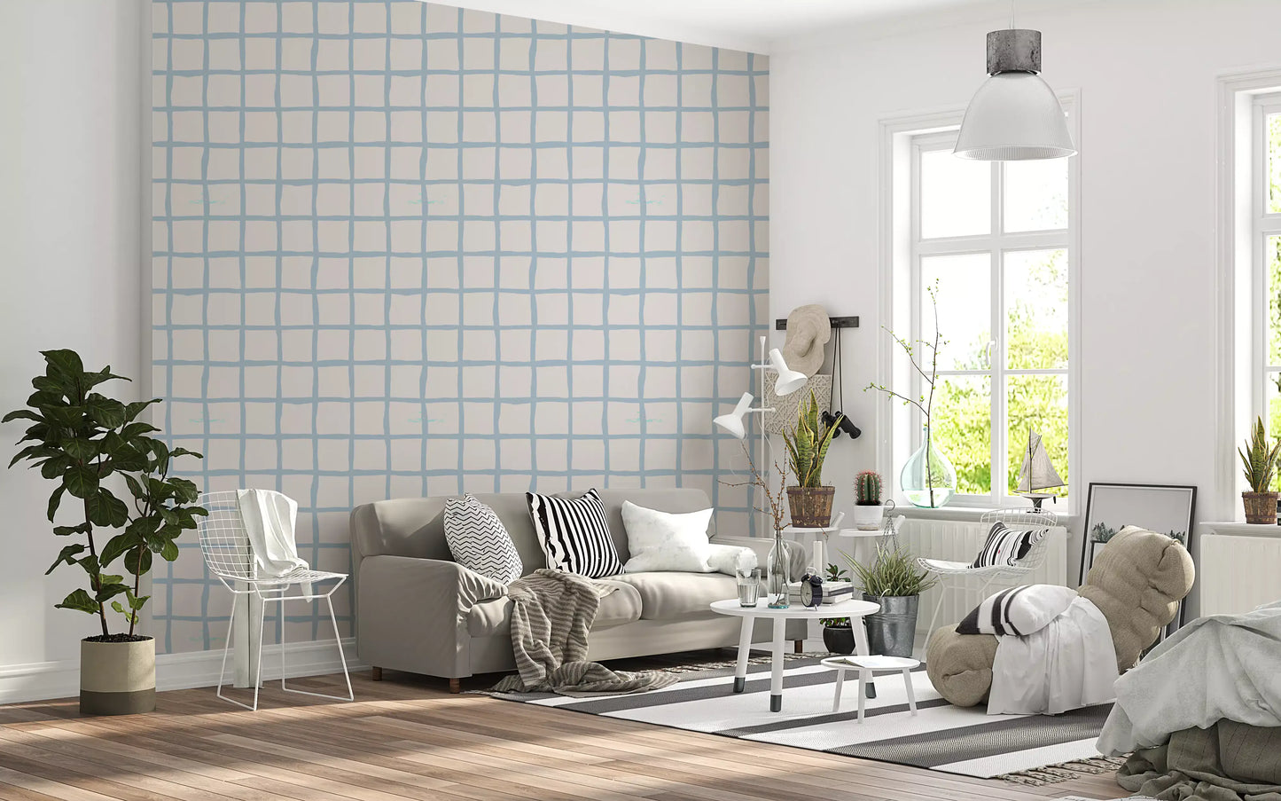 Soft cream squares carry into a living room as olive green grid boho wallpaper, GD9912