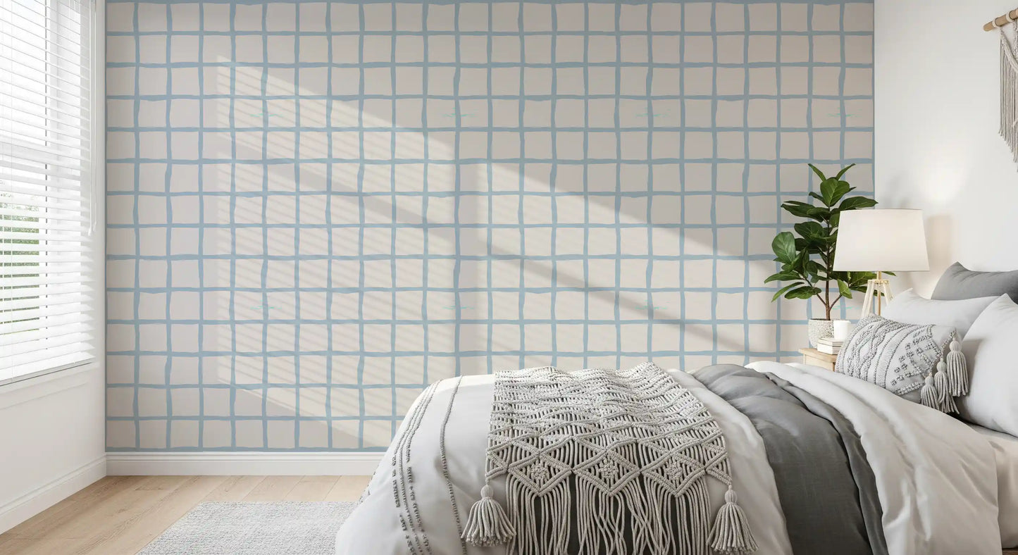 Bedroom mood softens with the gentle olive green grid boho coastal wallpaper., GD9912