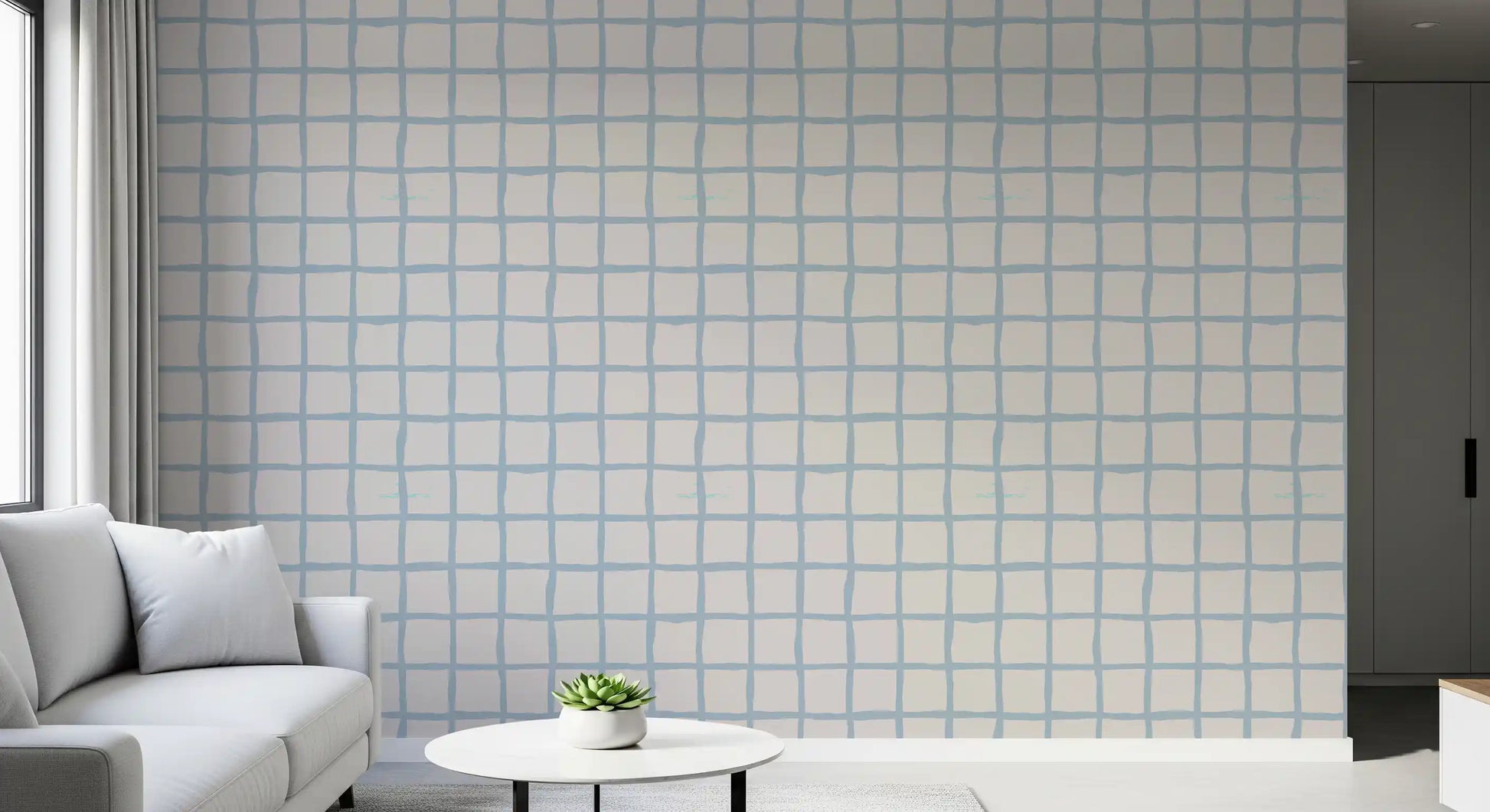 Soft cream backdrop carries faded olive green line in this boho coastal wallpaper, GD9912