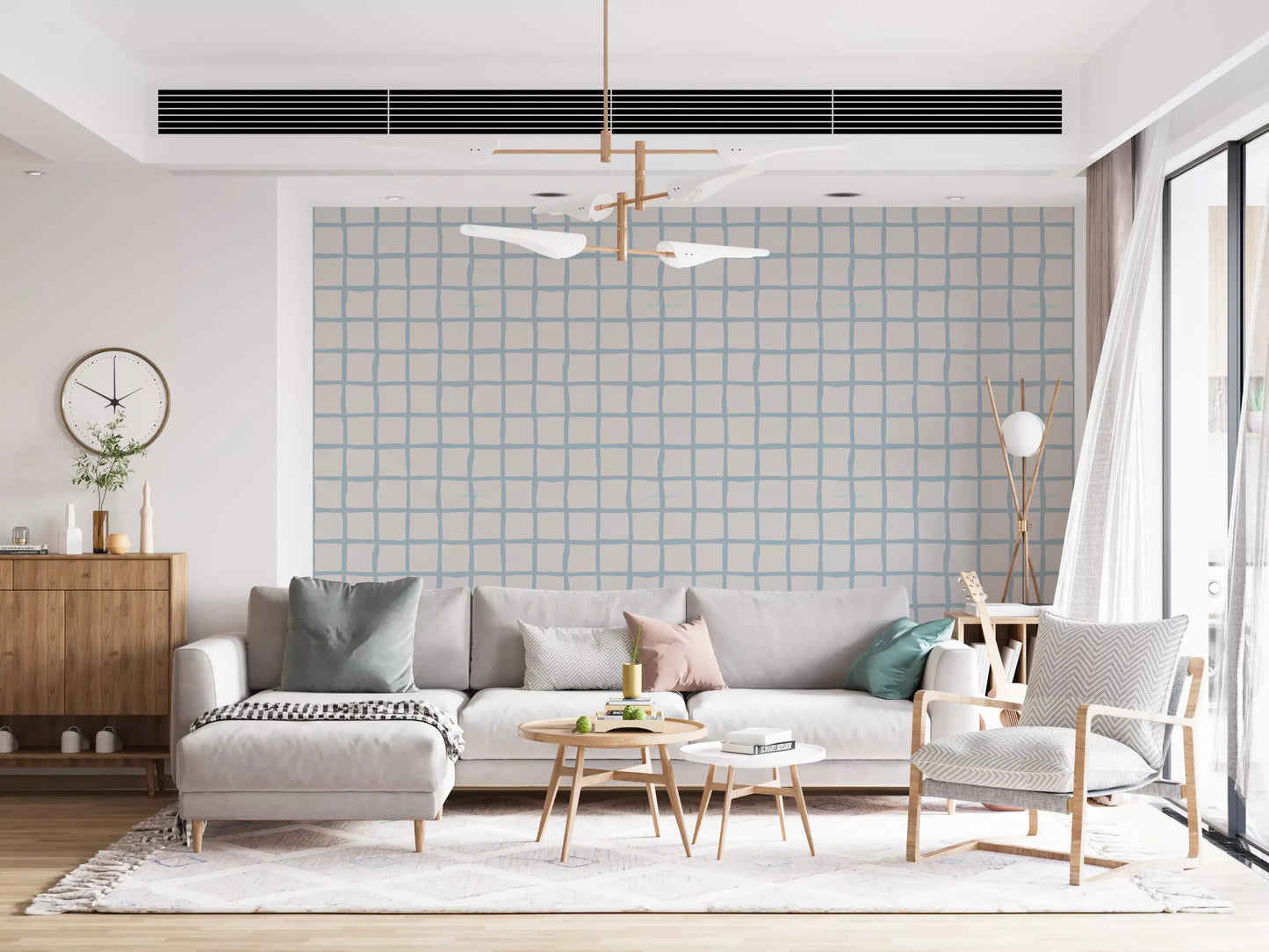 Hallway feels calm beside the boho coastal grid wallpaper in olive tones., GD9912